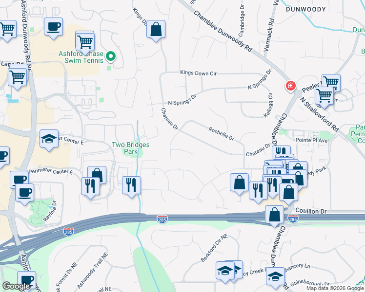 map of restaurants, bars, coffee shops, grocery stores, and more near 1570 Rochelle Court in Dunwoody