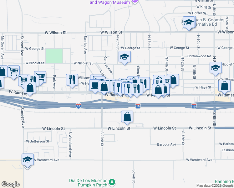 map of restaurants, bars, coffee shops, grocery stores, and more near 0 Roberge Avenue in Banning