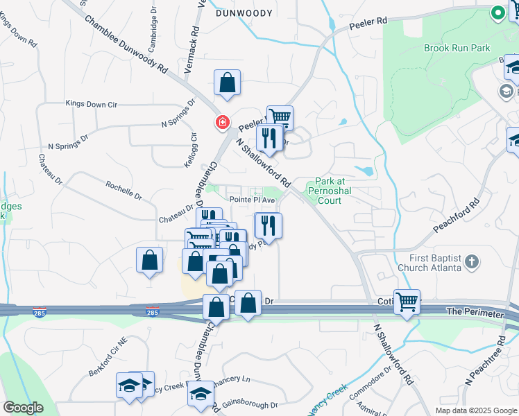 map of restaurants, bars, coffee shops, grocery stores, and more near 4350 Bramble Place in Dunwoody