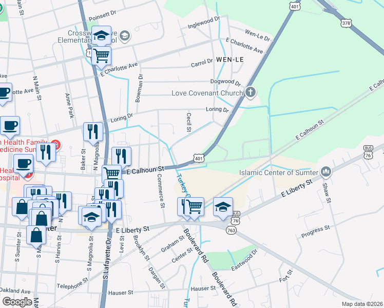 map of restaurants, bars, coffee shops, grocery stores, and more near 409 East Calhoun Street in Sumter