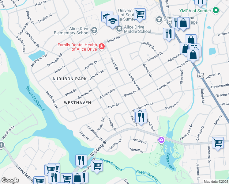 map of restaurants, bars, coffee shops, grocery stores, and more near 404 Adams Avenue in Sumter