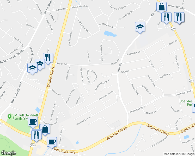 map of restaurants, bars, coffee shops, grocery stores, and more near 704 Fernstone Trail in Lawrenceville