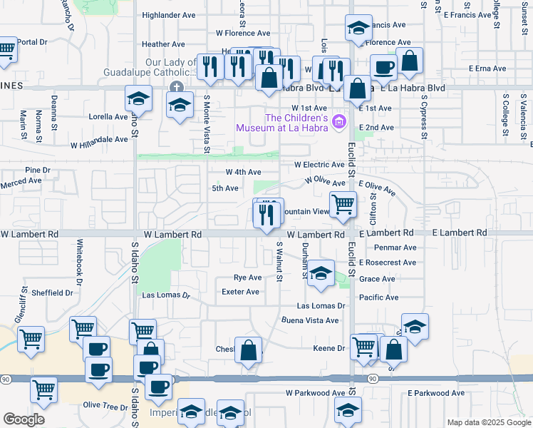 map of restaurants, bars, coffee shops, grocery stores, and more near 536 West Mountain View Avenue in La Habra