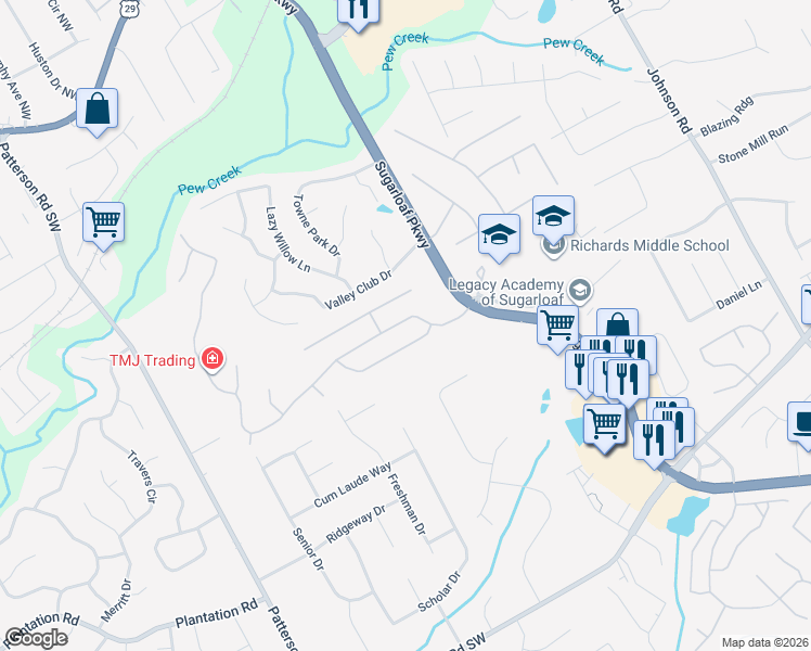 map of restaurants, bars, coffee shops, grocery stores, and more near 1584 Longmont Drive in Lawrenceville
