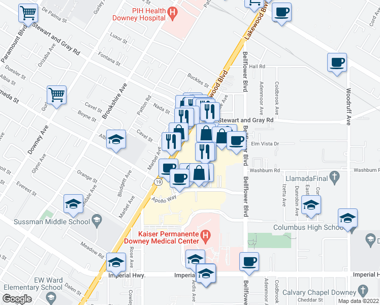 map of restaurants, bars, coffee shops, grocery stores, and more near 12140 Lakewood Boulevard in Downey