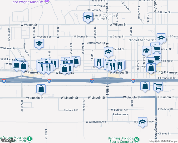 map of restaurants, bars, coffee shops, grocery stores, and more near 1115 West Ramsey Street in Banning