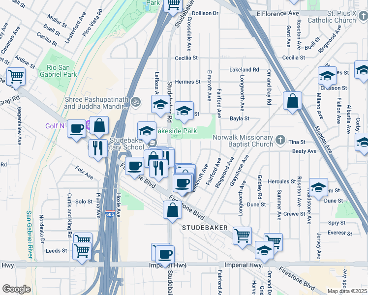 map of restaurants, bars, coffee shops, grocery stores, and more near 11722 Benfield Avenue in Norwalk