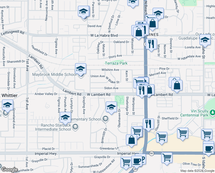 map of restaurants, bars, coffee shops, grocery stores, and more near 2451 Sidon Avenue in La Habra