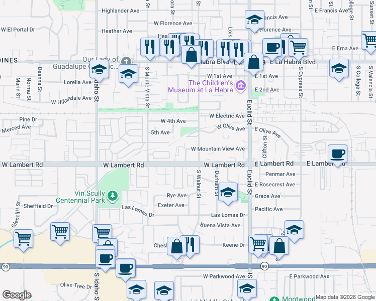 map of restaurants, bars, coffee shops, grocery stores, and more near 536 West Mountain View Avenue in La Habra