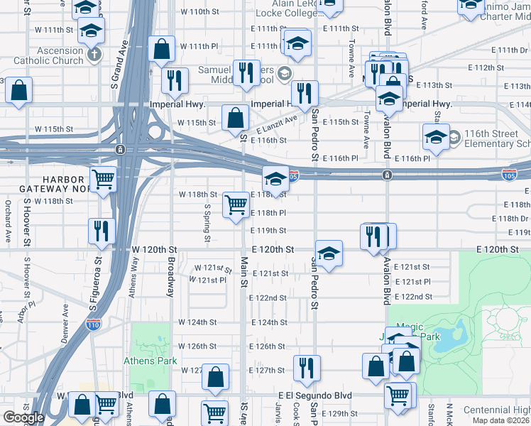 map of restaurants, bars, coffee shops, grocery stores, and more near 134 East 118th Place in Los Angeles