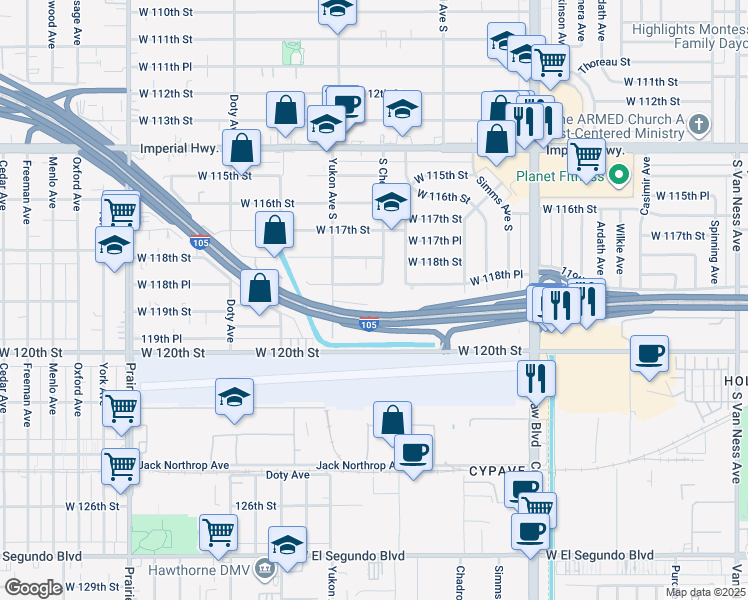 map of restaurants, bars, coffee shops, grocery stores, and more near 3531 West 119th Court in Inglewood