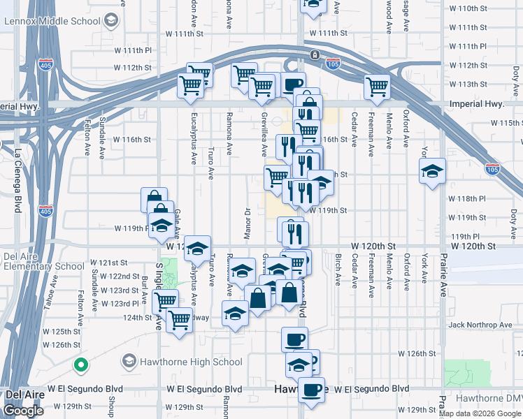 map of restaurants, bars, coffee shops, grocery stores, and more near 11895 Grevillea Avenue in Hawthorne
