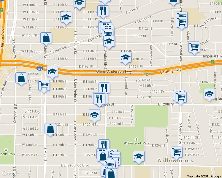 map of restaurants, bars, coffee shops, grocery stores, and more near 618 East 118th Place in Los Angeles