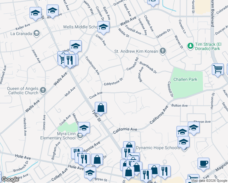 map of restaurants, bars, coffee shops, grocery stores, and more near 10121 Cook Avenue in Riverside