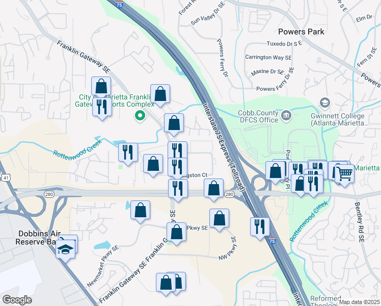 map of restaurants, bars, coffee shops, grocery stores, and more near Kingston Court in Marietta