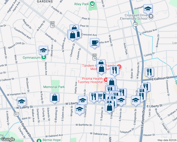 map of restaurants, bars, coffee shops, grocery stores, and more near 213 Church Street in Sumter