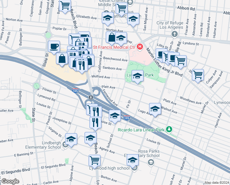 map of restaurants, bars, coffee shops, grocery stores, and more near 11460 Copeland Street in Lynwood