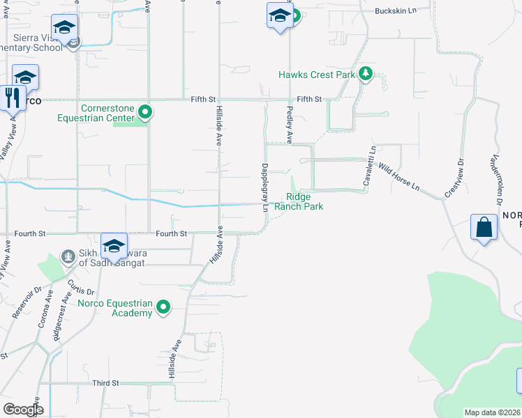 map of restaurants, bars, coffee shops, grocery stores, and more near 3004 Dapplegray Lane in Norco