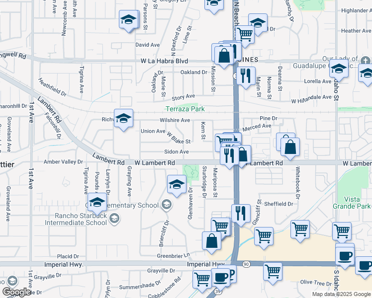 map of restaurants, bars, coffee shops, grocery stores, and more near in La Habra