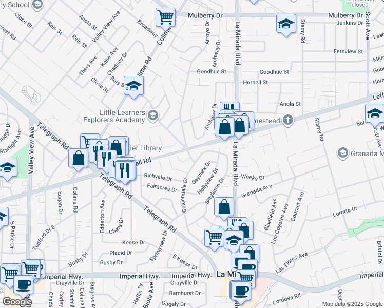 map of restaurants, bars, coffee shops, grocery stores, and more near 11608 Arroyo Drive in La Mirada