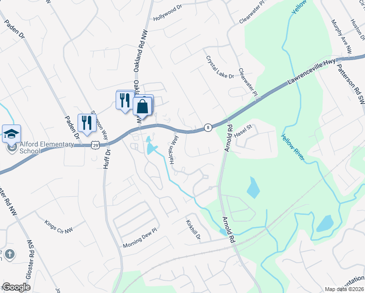 map of restaurants, bars, coffee shops, grocery stores, and more near 2530 Arnold Mill Road Northwest in Lawrenceville