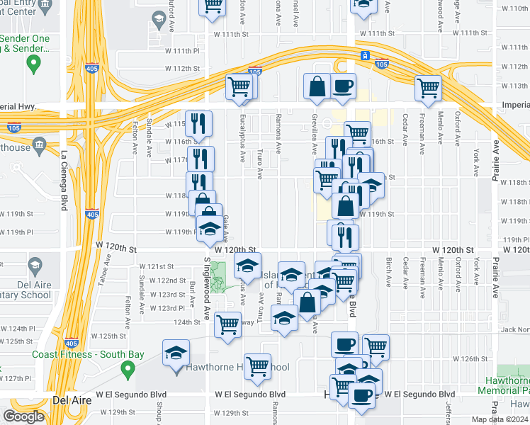 map of restaurants, bars, coffee shops, grocery stores, and more near 11894 Truro Avenue in Hawthorne