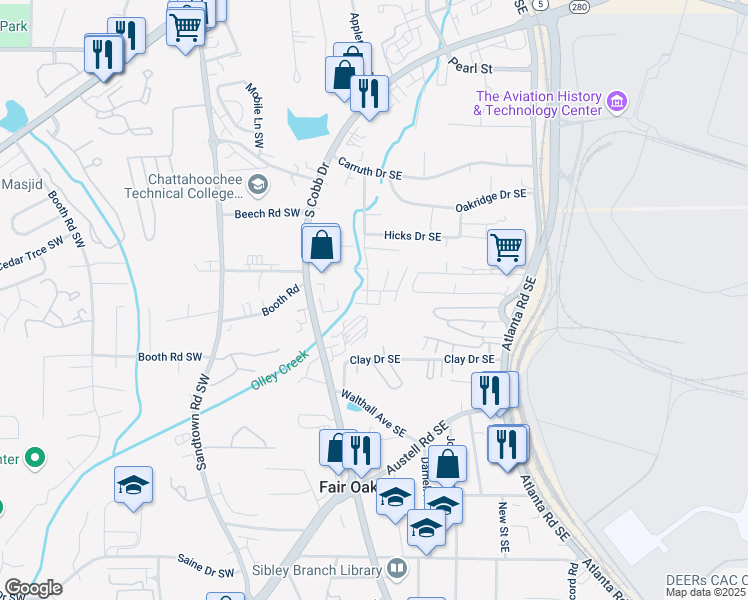 map of restaurants, bars, coffee shops, grocery stores, and more near 1201 Eastside Drive Southeast in Marietta