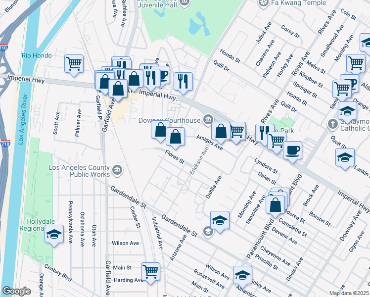 map of restaurants, bars, coffee shops, grocery stores, and more near 7500 Amigos Avenue in Downey