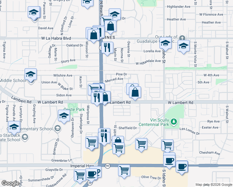map of restaurants, bars, coffee shops, grocery stores, and more near 1731 West Lambert Road in La Habra