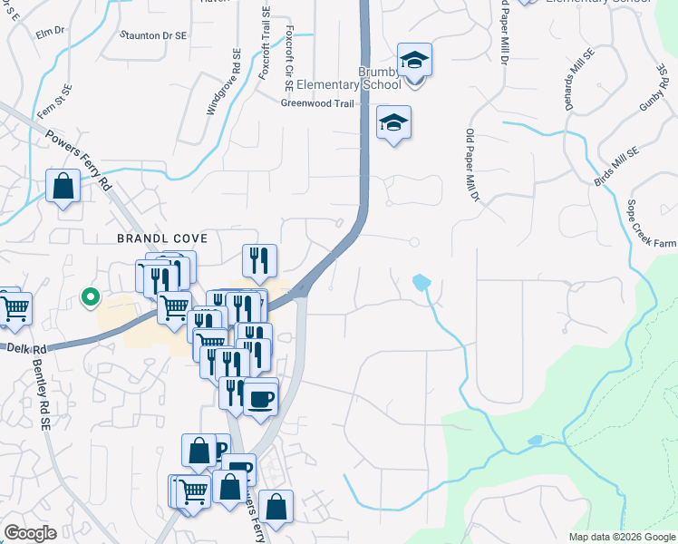 map of restaurants, bars, coffee shops, grocery stores, and more near 1057 Della Street Southeast in Marietta