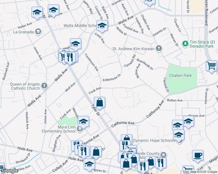 map of restaurants, bars, coffee shops, grocery stores, and more near 10121 Cook Avenue in Riverside