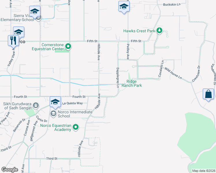 map of restaurants, bars, coffee shops, grocery stores, and more near 640 Vaughan Street in Norco
