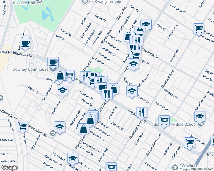 map of restaurants, bars, coffee shops, grocery stores, and more near 12519 Paramount Boulevard in Downey