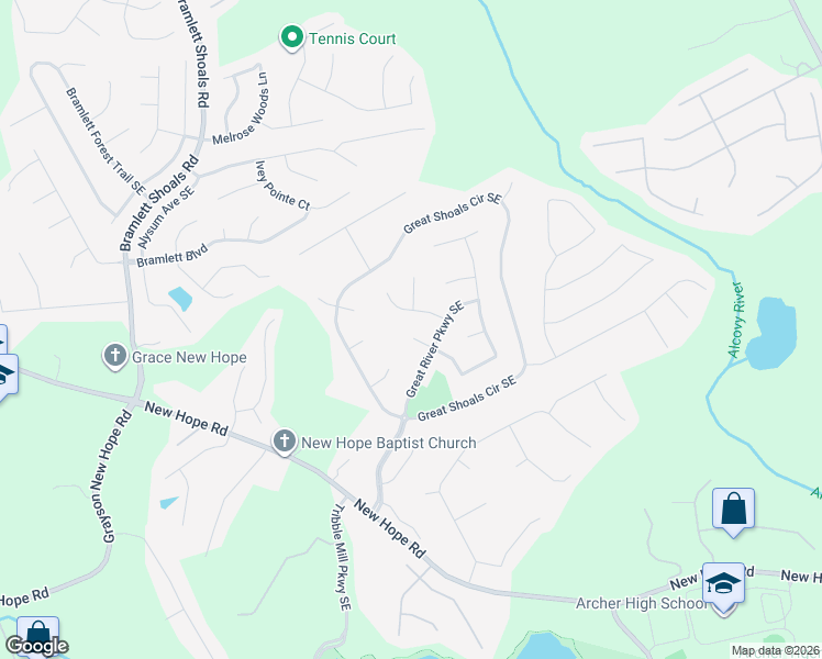 map of restaurants, bars, coffee shops, grocery stores, and more near 1118 Low Water Way Southeast in Lawrenceville