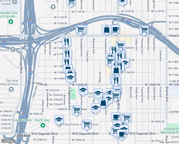 map of restaurants, bars, coffee shops, grocery stores, and more near 11894 Truro Avenue in Hawthorne