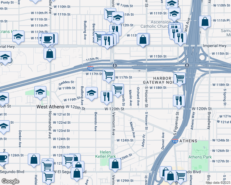 map of restaurants, bars, coffee shops, grocery stores, and more near 11818 South Vermont Avenue in Los Angeles
