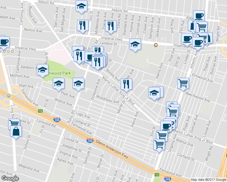 map of restaurants, bars, coffee shops, grocery stores, and more near 11309 Cornish Avenue in Lynwood