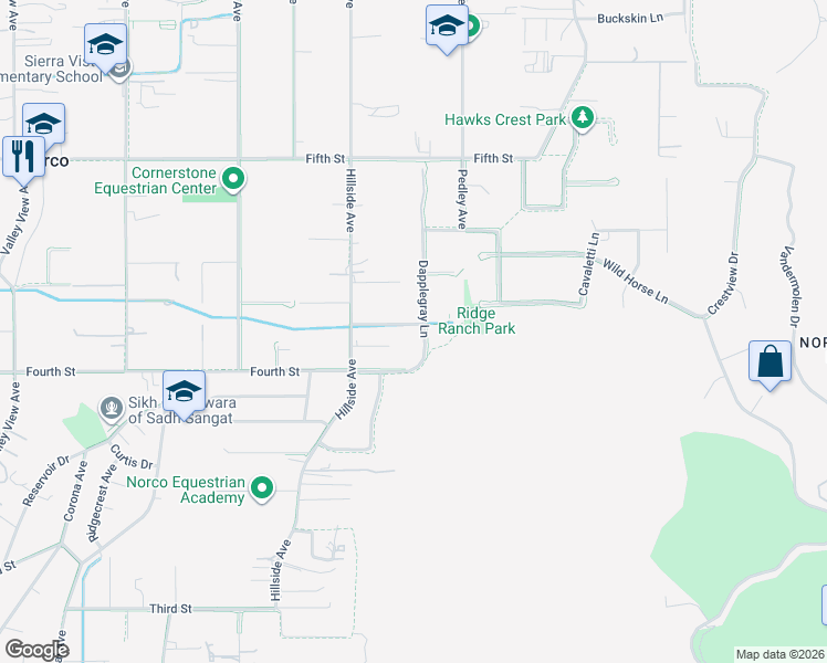 map of restaurants, bars, coffee shops, grocery stores, and more near 3004 Dapplegray Lane in Norco