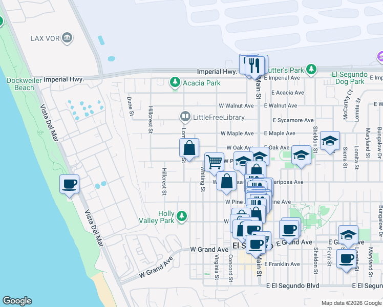map of restaurants, bars, coffee shops, grocery stores, and more near 713 Bayonne Street in El Segundo