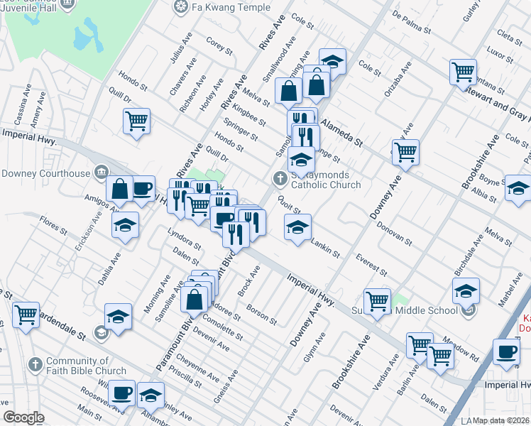 map of restaurants, bars, coffee shops, grocery stores, and more near 12450 Paramount Boulevard in Downey