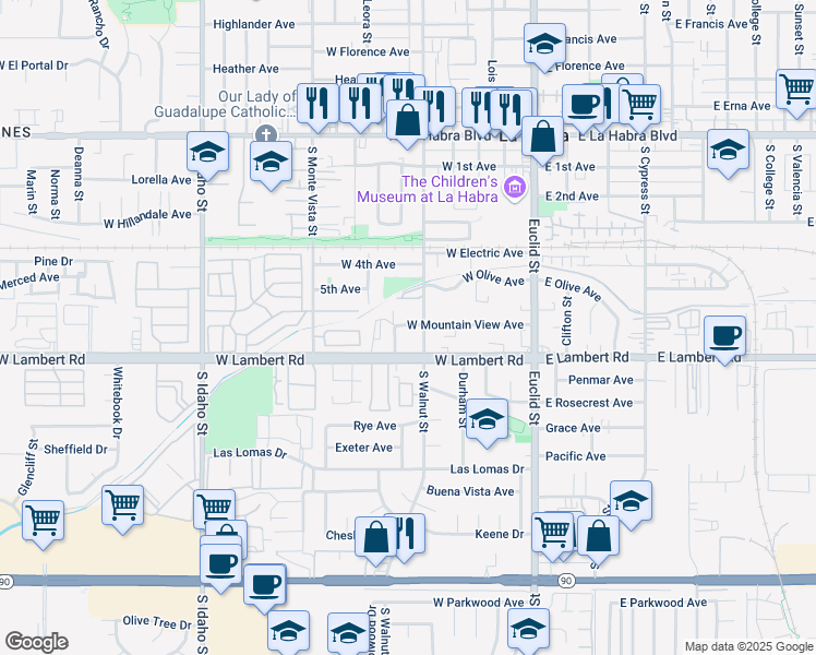map of restaurants, bars, coffee shops, grocery stores, and more near 530 West Mountain View Avenue in La Habra