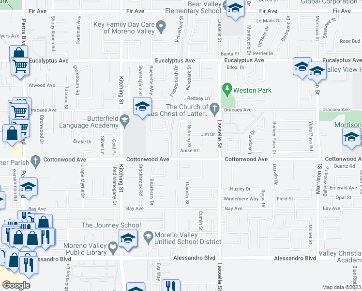 map of restaurants, bars, coffee shops, grocery stores, and more near 13434 Ninebark Street in Moreno Valley