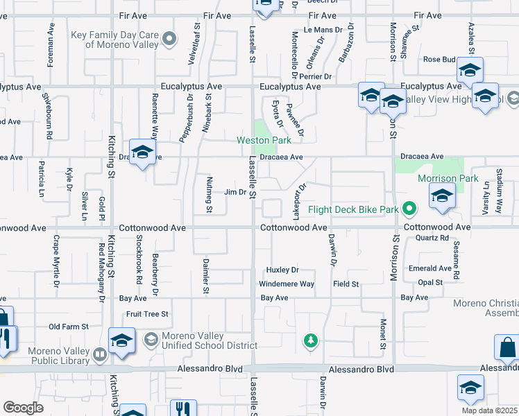 map of restaurants, bars, coffee shops, grocery stores, and more near Makenna Street in Moreno Valley