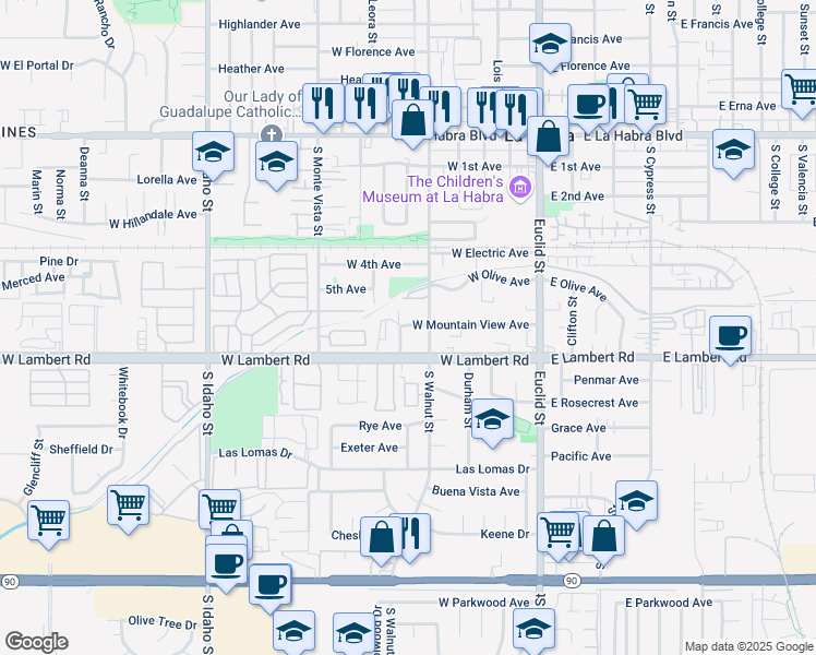 map of restaurants, bars, coffee shops, grocery stores, and more near 530 West Mountain View Avenue in La Habra