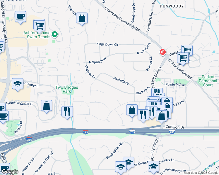 map of restaurants, bars, coffee shops, grocery stores, and more near 1611 Chateau Drive in Dunwoody