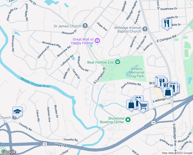 map of restaurants, bars, coffee shops, grocery stores, and more near 2188 South Lumpkin Street in Athens