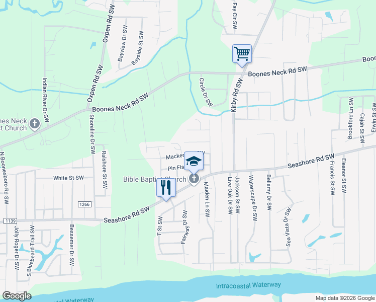 map of restaurants, bars, coffee shops, grocery stores, and more near 2444 Mackerel Street Southwest in Brunswick County