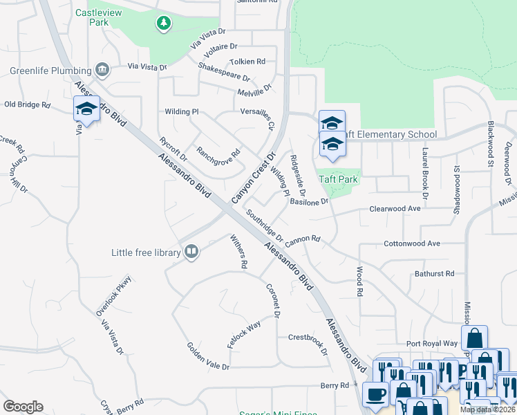 map of restaurants, bars, coffee shops, grocery stores, and more near 1164 Greystone Drive in Riverside