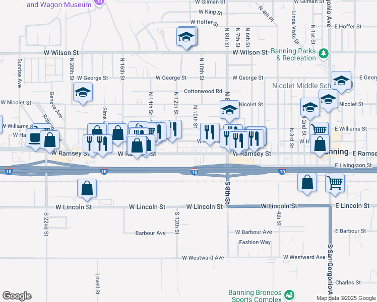 map of restaurants, bars, coffee shops, grocery stores, and more near 1115 West Ramsey Street in Banning