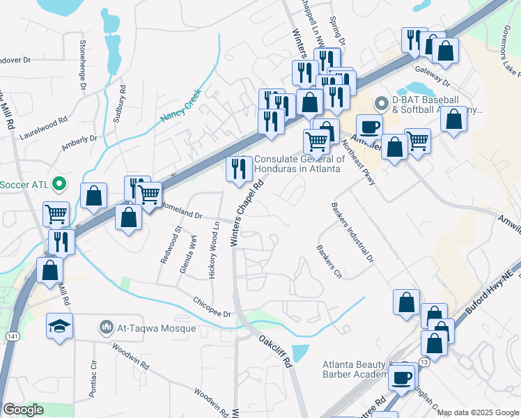 map of restaurants, bars, coffee shops, grocery stores, and more near 4462 Aspen Woods Court in Doraville